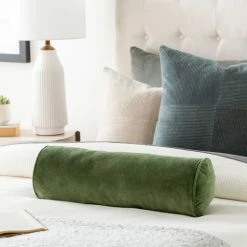 Surya Cotton Velvet Bolster Pillow In Green All Pillows