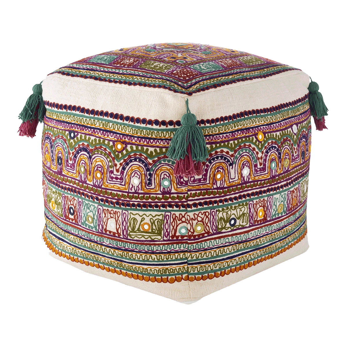 Surya All Stools, Poufs + Side Tables Colorful Embroidered Tassel Pouf 4 Surya All Stools, Poufs + Side Tables Colorful Embroidered Tassel Pouf